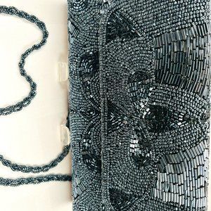 🌙 Dark Silver Vintage Beaded Evening Clutch – Italian Beads & Satin Elegance